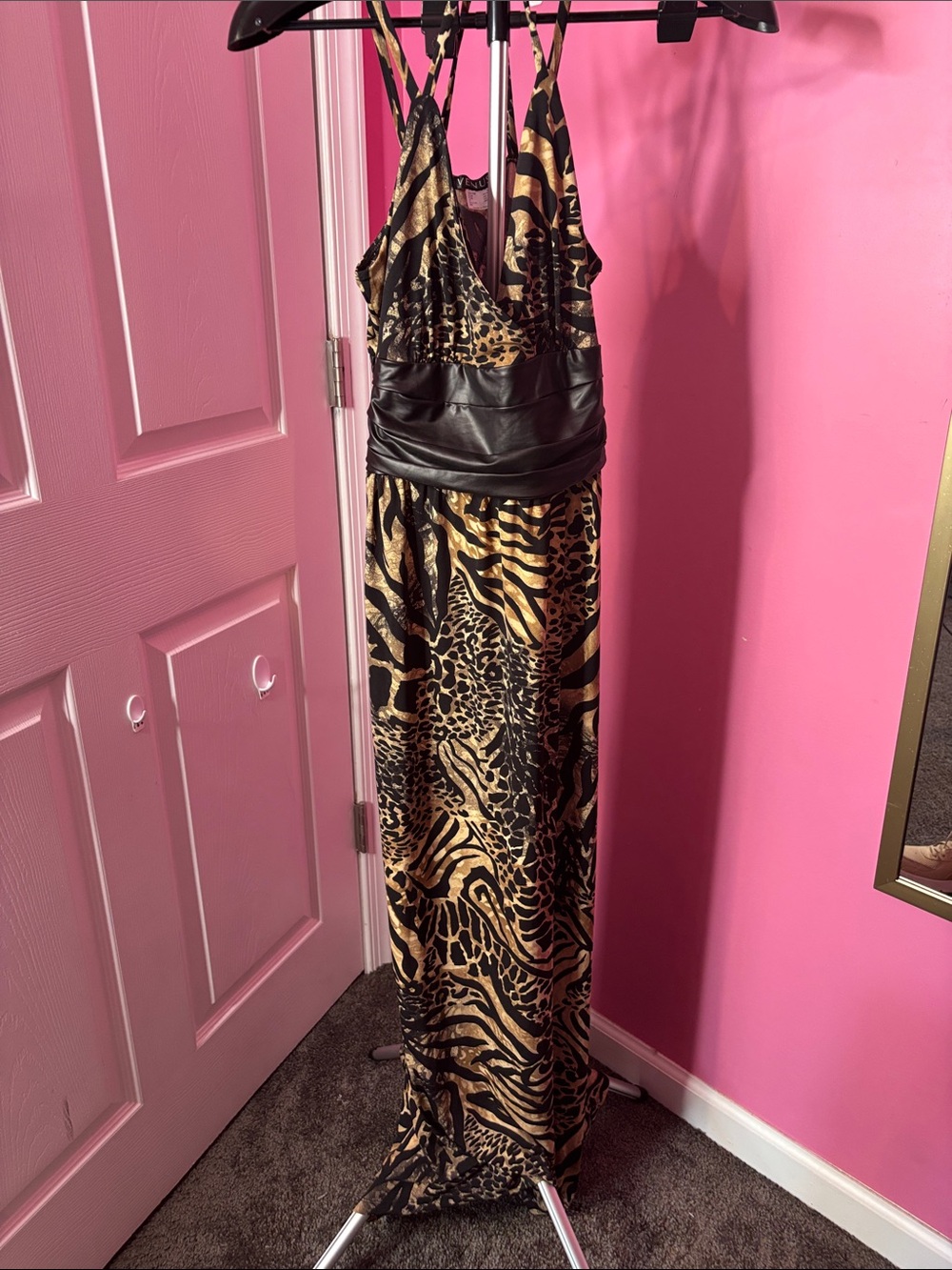 VENUS Animal Print Maxi Dress M Leopard Zebra Faux Leather Waist